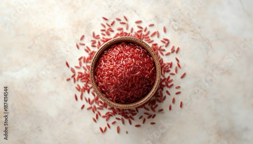 Red rice presented in a ceramic bowl highlighting healthy grains, ideal for balanced diet, World Nutrition Day