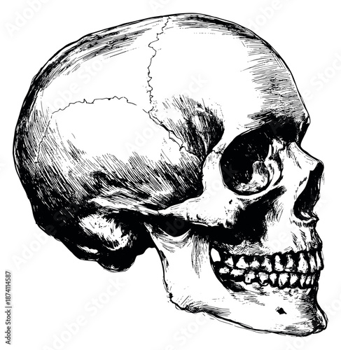 Hand drawn line art illustration of a human skull depicting a profile view for anatomy and Halloween concepts