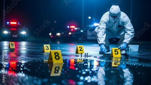 Forensic investigator at crime scene at night. Law enforcement and criminal justice. Person in hazmat suit placing evidence markers on wet pavement with police lights.