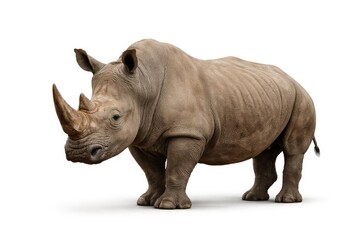 Single rhinoceros presented on an even white photographic backdrop