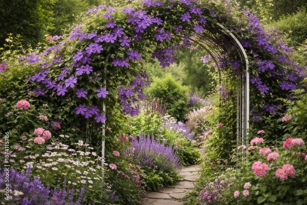 Obraz premium Summer garden lush with ornamental Clematis viticella flowering climb