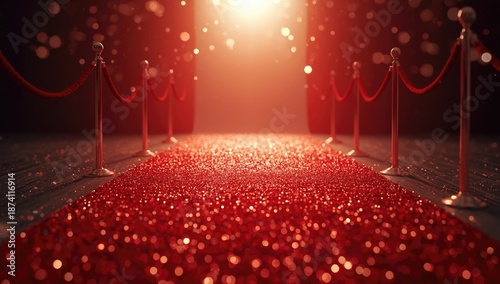 Red carpet featuring extensive glitter decoration for a formal occasion, highlighting luxury and style