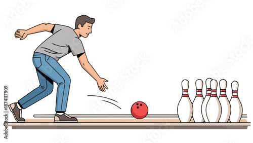 Energetic man in casual attire gracefully releases a red bowling ball down the lane towards the pins