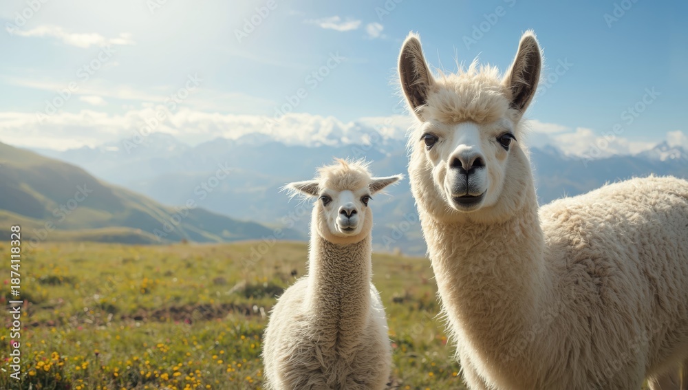 Naklejka premium Young llama alongside adult in mountainous region, wildlife habitat focus