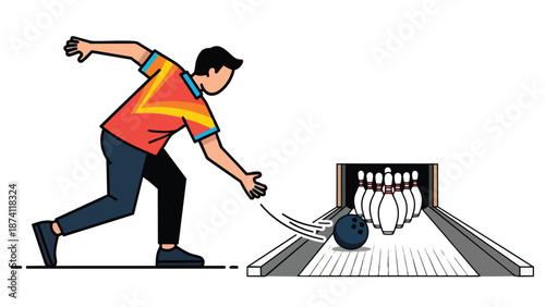 Vibrant vector illustration of a bowler releasing a ball down a lane towards pins, symbolizing energetic leisure and focused sport.