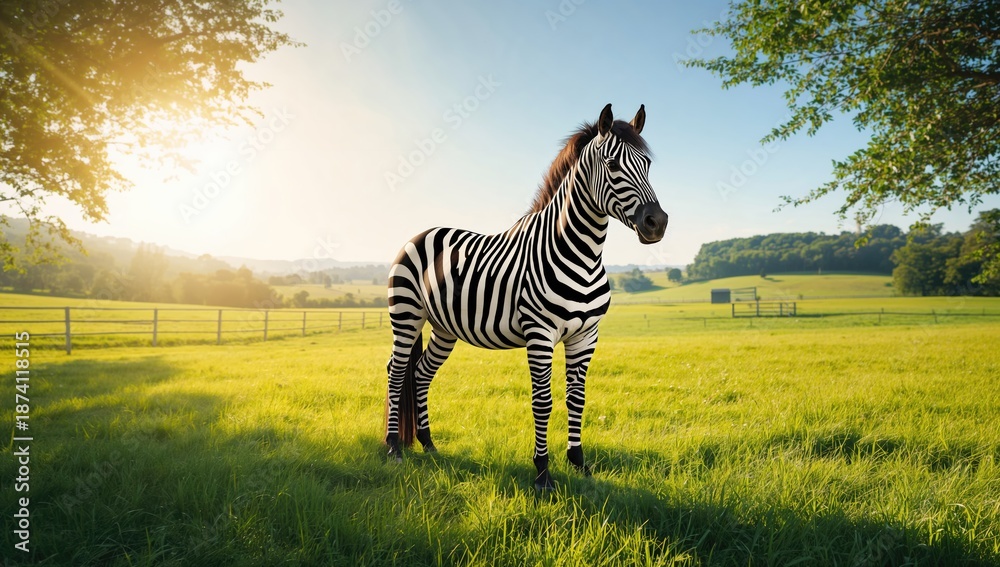 Fototapeta premium Striped horse with a hood in a grassy area, showcasing animal patterning