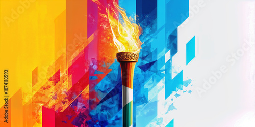 Olympic torch with flame and Italian flag colors abstract background 2026 Milano Cortina Winter Sports competition illustration