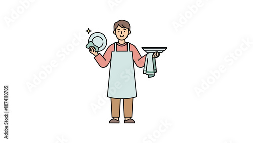 A cheerful individual wearing an apron diligently polishes a sparkling clean dish with a soft cloth, ensuring impeccable hygiene and utmost readiness.