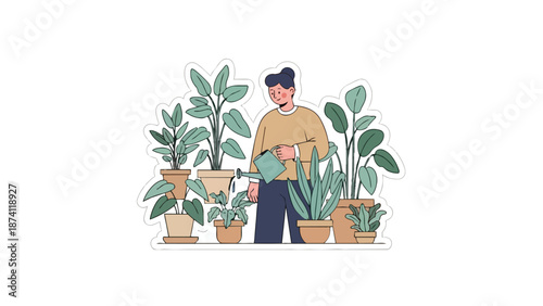 A person dedicated to nurturing indoor botanical arrangements, engaging in mindful plant care activities at home