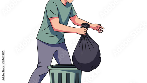 A thoughtful illustration of an individual diligently placing a sealed refuse bag into a designated receptacle, advocating for diligent waste