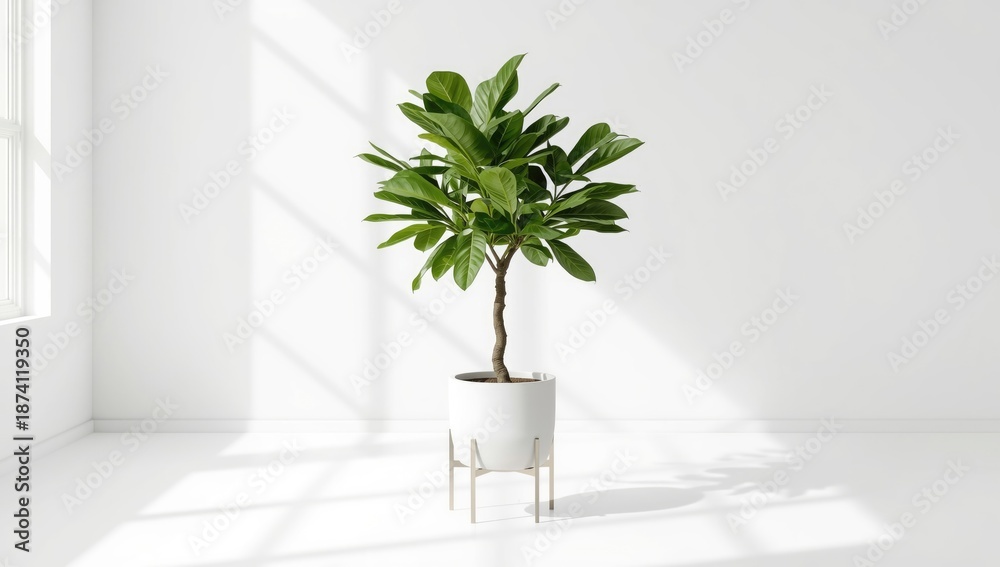 Fototapeta premium Realistic green foliage in a modern pot on a white backdrop, indoor plant care