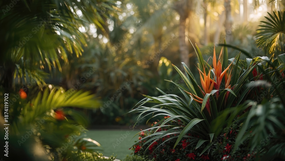 Decorative tropical garden setting with lush greenery, suitable for background or thematic display