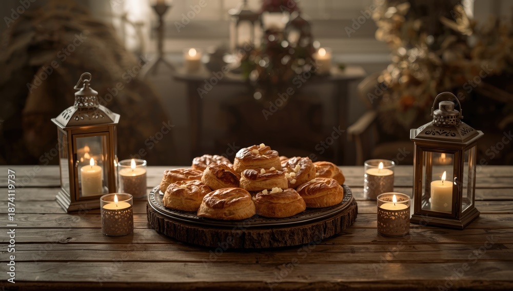 Fototapeta premium Warm pastries arranged on a wooden surface with candle lanterns provide a comforting setting for breakfast or tea time