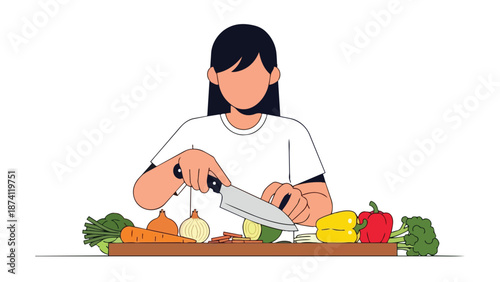 Contemporary illustration of an individual skillfully preparing vibrant, fresh garden vegetables for a wholesome, nutritious meal, promoting healthy