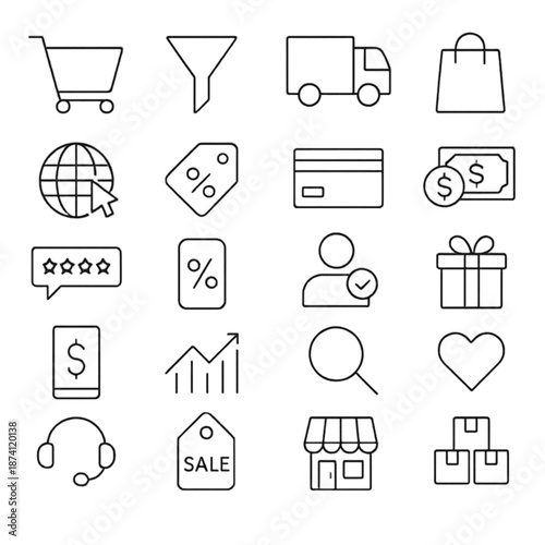Minimal eCommerce Icon Set – 20 Clean Outline Vectors for Online Shopping and Retail