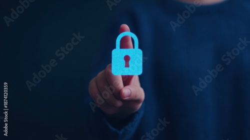 safer internet day Hand touches a luminous blue digital padlock graphic symbolizing internet cyber security