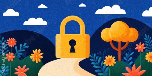 safer internet day Winding road leads to a giant yellow padlock surrounded by stylized trees and colorful textured