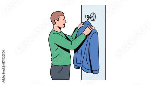 A clean, minimalist vector illustration showing a person diligently placing a blue outerwear garment on a wall hook, symbolizing tidiness, routine,