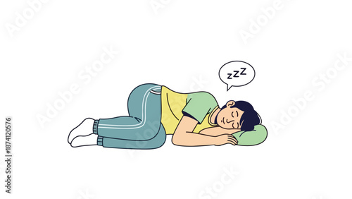 A peaceful individual enjoying deep slumber, curled up comfortably in a serene illustration, embodying relaxation and a tranquil state of restfulness
