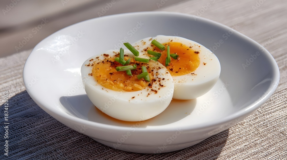 custom made wallpaper toronto digitalClose up of two halves of a seasoned boiled egg sprinkled with fresh chives and black pepper elegantly served in a white bowl on a textured surface