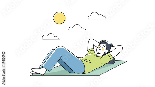 Serene outdoor relaxation depicted through a tranquil illustration of a person calmly resting on a mat beneath a sunny sky, embodying peace, comfort