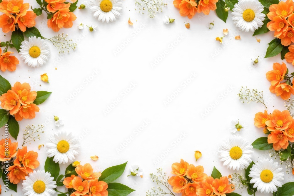 Obraz premium Summer floral background with orange blossoms and daisies flat lay on white surface with copy space