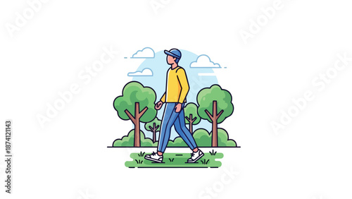 A vibrant illustration of a person enjoying a refreshing walk in a tranquil park scene, amidst nature.