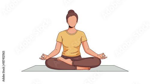 A serene illustration of a woman deeply engaged in a peaceful meditation session, seated gracefully on a yoga mat, fostering profound inner