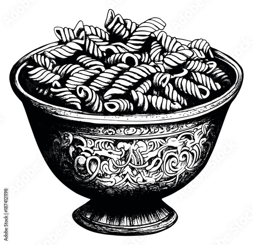 Hand drawn line art illustration of fusilli pasta in an ornate bowl depicting a classic italian dish for restaurant menus