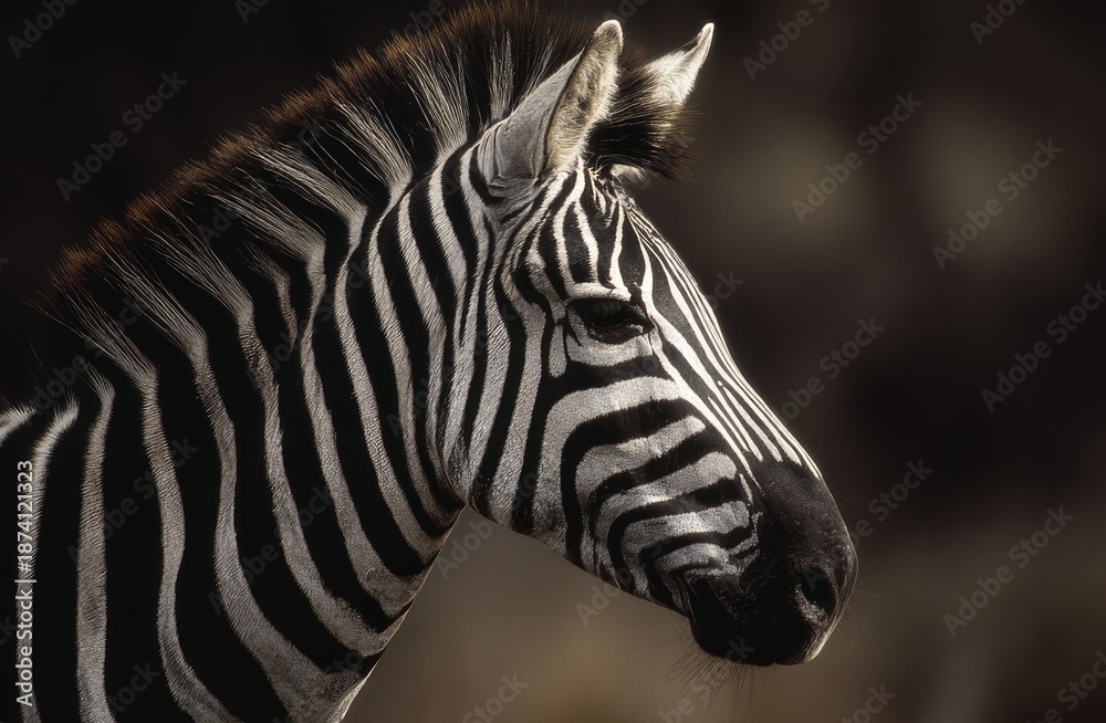 Naklejka premium Close-up portrait of a zebra's head and neck with distinct black and white stripes, standing against a warm-toned blurred natural background. Wildlife and animal detail concept.