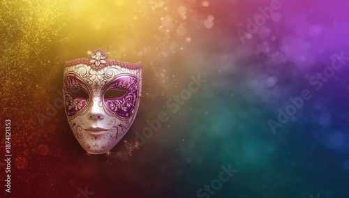 Decorative Venetian mask on shimmering yellow and purple backdrop, suitable for layout backgrounds