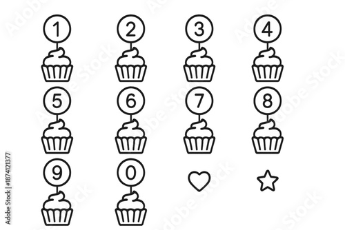 Numbered Cupcake Toppers. Cupcake toppers numbers. Line outline icon set of Cupcake toppers numbers: cupcake