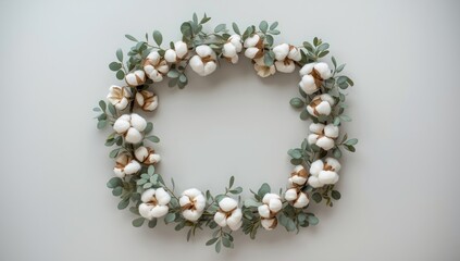 Top-down view of cotton flowers and eucalyptus twigs arranged on a light gray surface, used as a floral or botanical background