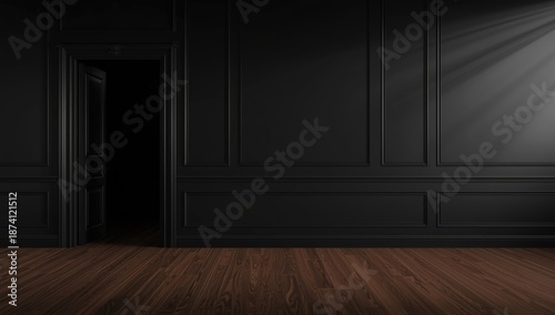 Black minimalist room with hardwood floors and wall panels, suitable for architectural space analysis