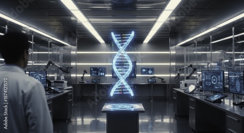 Scientist Observing Holographic DNA in a High-Tech Genetic Research Laboratory