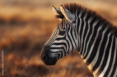 Close-up portrait of a zebra's head and neck with distinct black and white stripes, standing against a warm-toned blurred natural background. Wildlife and animal detail concept.