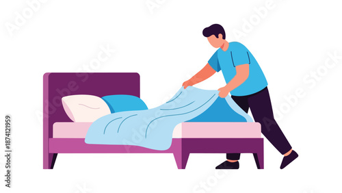 A contemporary vector illustration showcasing an individual performing a daily morning routine, carefully making a bed by spreading a fresh blue