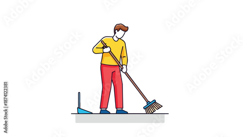 A diligent individual meticulously sweeping a surface with a broom, accompanied by a dustpan, embodying cleanliness and domestic chore completion