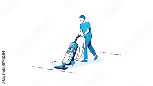 A person diligently performing everyday household cleaning with an efficient upright vacuum cleaner on a modern minimalist floor illustration