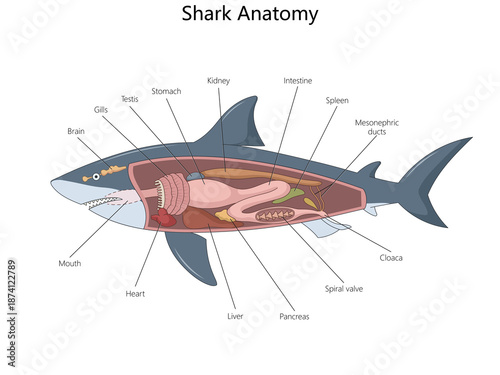 Slika na platnu shark anatomy showing internal organs such as liver, stomach, heart, intestines, gills, brain, and reproductive structures diagram hand drawn schematic raster