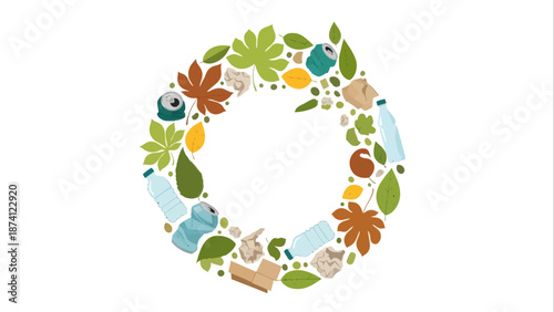 Flat vector illustration of a recycling symbol made of natural elements and recyclable materials, emphasizing sustainability and environmental protection