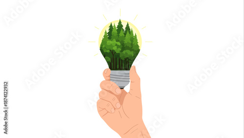 Flat vector illustration of a hand holding a light bulb filled with a lush green forest, symbolizing eco-friendly energy and sustainability