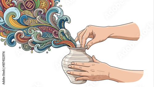 Flat vector illustration of hands opening a creative pot with colorful smoke and symbols emerging, symbolizing imagination and ideas