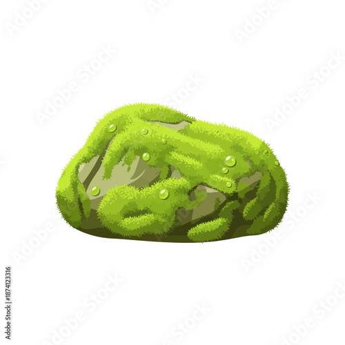 Lush green moss-covered rock with glistening dew drops, a conceptual flat vector illustration isolated on white, ideal for natural environment design assets