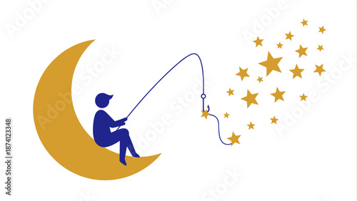 Whimsical flat vector illustration of a person sitting on a crescent moon, fishing for sparkling stars in the night sky, symbolizing dreams, ambition, and the pursuit of goals and aspirations