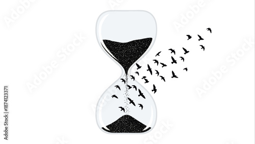 Flat vector illustration of a sand timer transforming into birds, symbolizing the passage of time and freedom