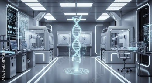 Futuristic High-Tech Genetic Research Laboratory with Holographic DNA Helix and Automated Robotic Systems