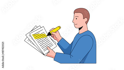An engaging visual representation of an attentive person diligently highlighting significant textual elements within a stack of white paper