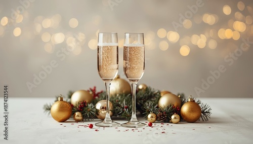 Festive holiday table setting with champagne glasses for Christmas and New Year, seasonal celebration