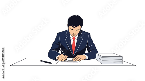 A focused business professional diligently engages in formal document signing at a clean desk an essential task illustrating administrative